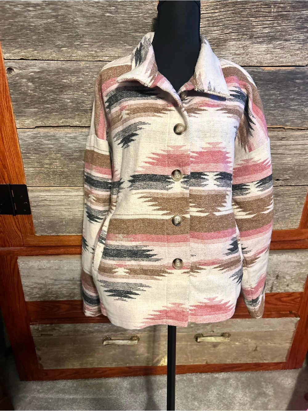 Women’s Cream Aztec-Print Button Front Jacket - Blue B Size L